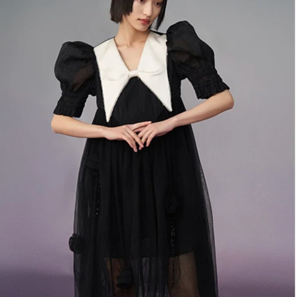 Mukzin Black Fluffy Dress with White Bow Collar